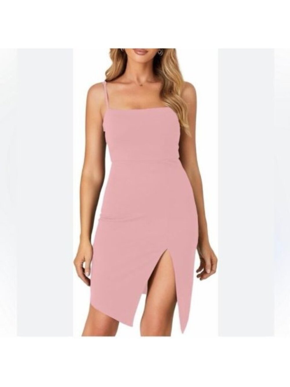 Lyaner Pink Spaghetti Strap Bodycon Dress Side Slit Midi Dress Small